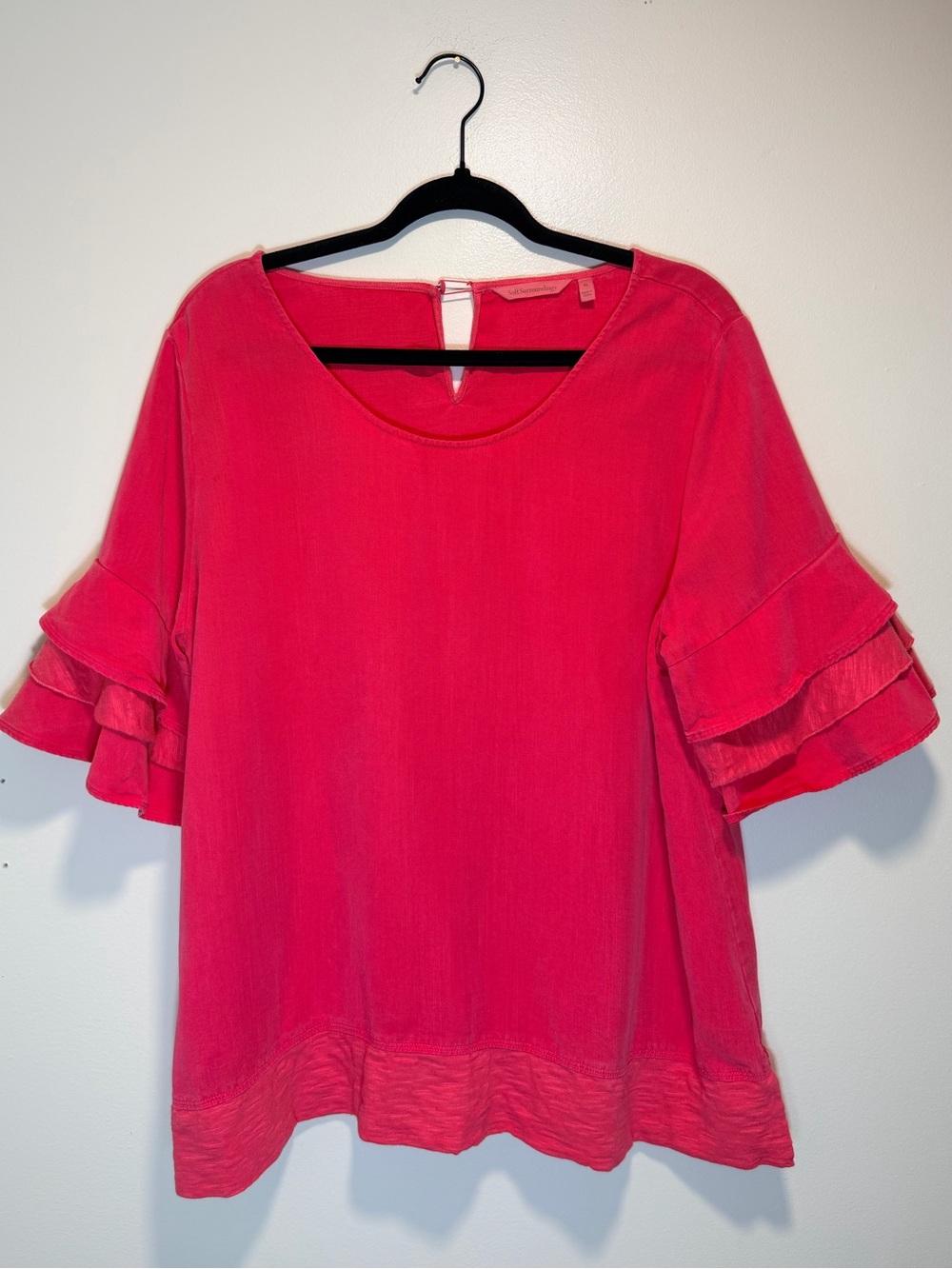 Soft Surroundings Coral Pink- red Ruffle Sleeve Blouse